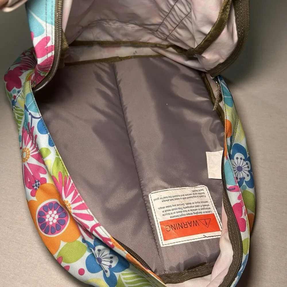 L.L.Bean multicolor floral backpack, vibrant retro flower, silver reflective